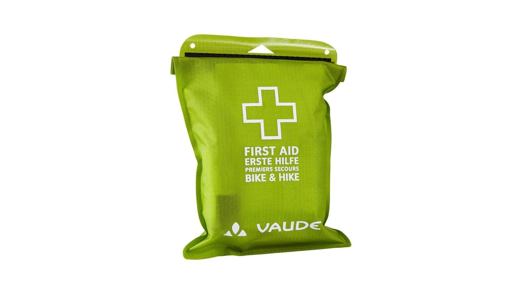 Das VAUDE First Aid Kit M Waterproof ist ein grünes Etui mit der Aufschrift "First Aid, Erste Hilfe, Premiers Secours, Bike & Hike" und einem weißen Kreuz auf der Vorderseite - perfekt als Outdoor Erste Hilfe Set.