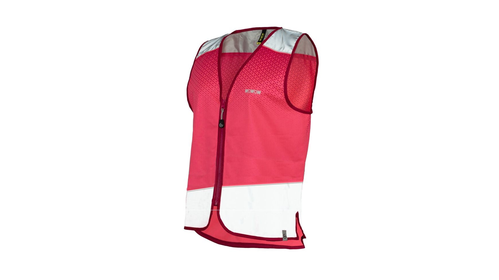 Die WOWOW Yara Jacket ist eine ärmellose, rot-weiße Sicherheitsweste mit einem Oberteil aus Mesh, einem Frontreißverschluss und reflektierenden, silbernen Schulterpaneelen für bessere Sichtbarkeit - ideal für Pendler in der Stadt, abgebildet auf weißem Hintergrund.